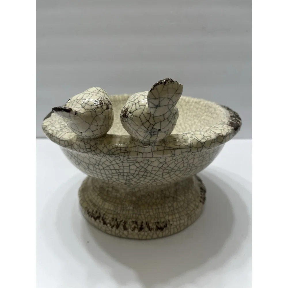 Glazed Ceramic 2 Bird Bowl Ivory Crackle Finish Table Top Bird Bath Rustic 9